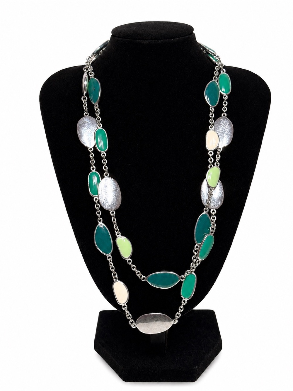 Layered Necklace - Silvertone with Green Accents